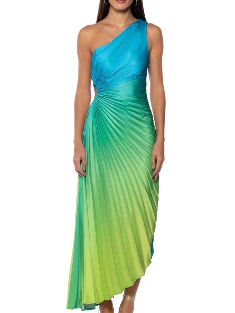 One-Shoulder Ombre Pleated Maxi Dress in Blue-Green